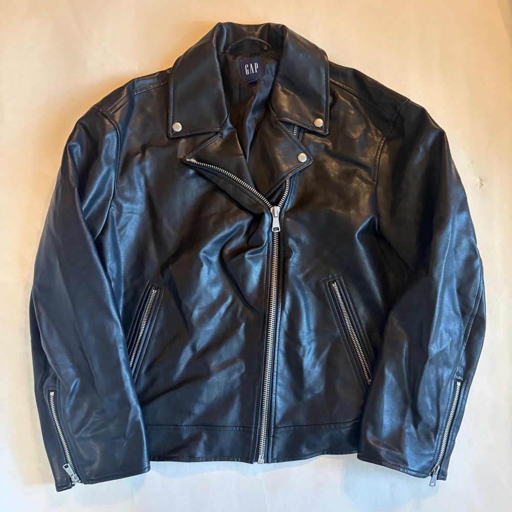 GAP Mens Faux Leather Moto Biker Jacket Black Size L Asymmetrical Zip Edgy